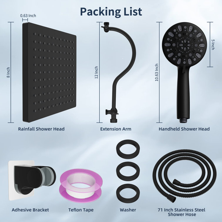 Matte Black 8-Inch Rainfall Shower Head Combo with Handheld