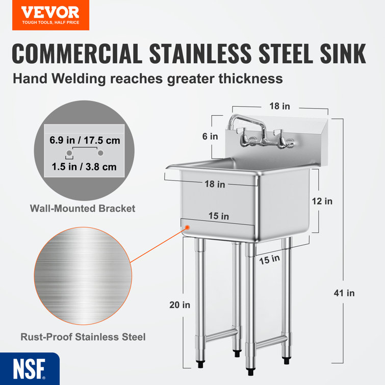 VEVOR 18'' x 15'' Stainless Steel Free Standing Utility Sink with Faucet