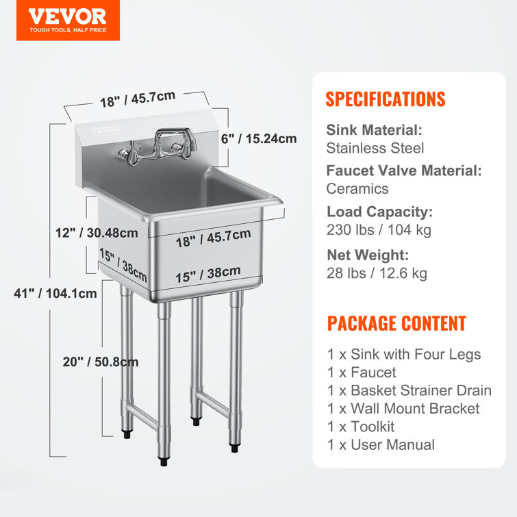 VEVOR 18'' x 15'' Stainless Steel Free Standing Utility Sink with Faucet