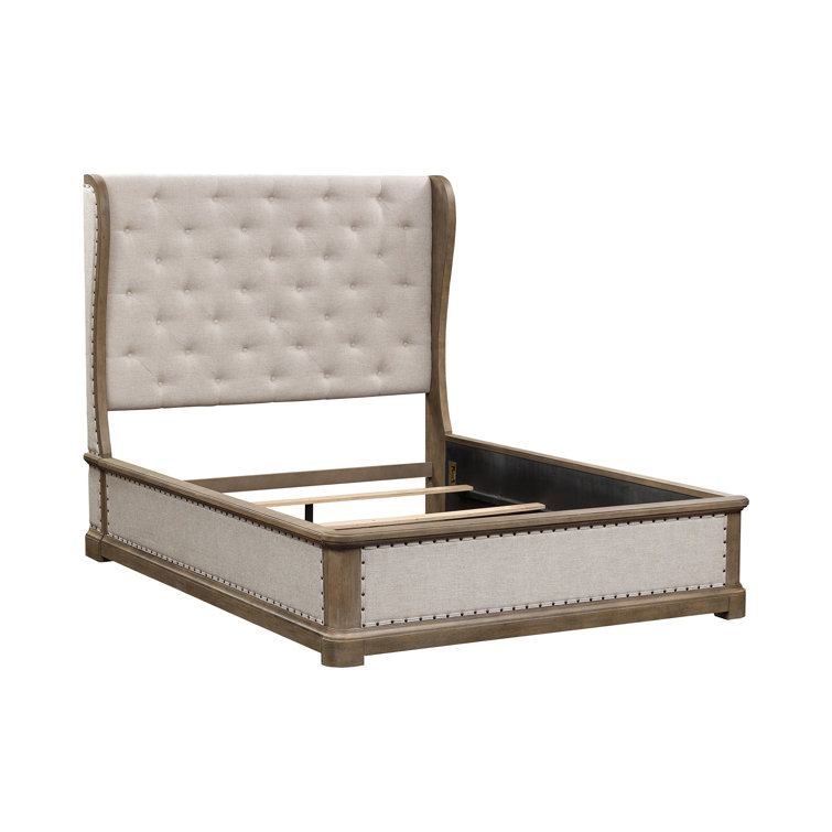 Queen Oak Veneer Panel Bed Set with Cream Linen Upholstery