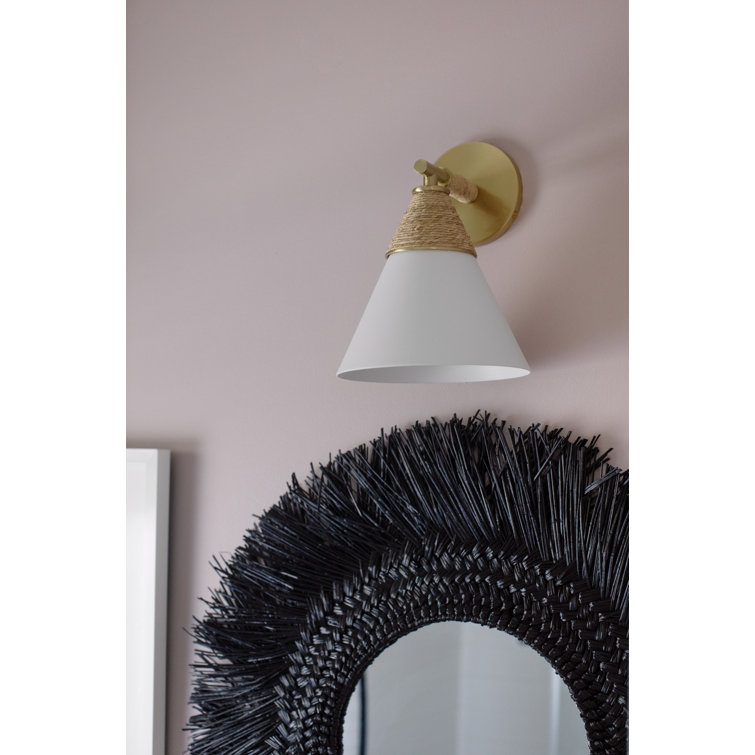 Aged Brass and White Metal Cone Sconce with Rattan Accent