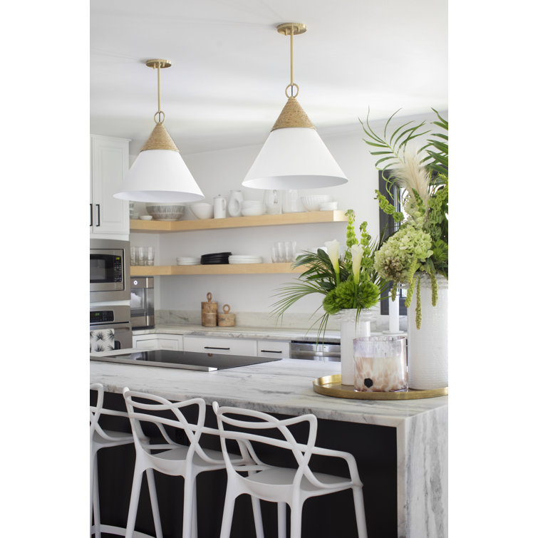 Aged Brass and White Cone Pendant Light with Rattan Accent