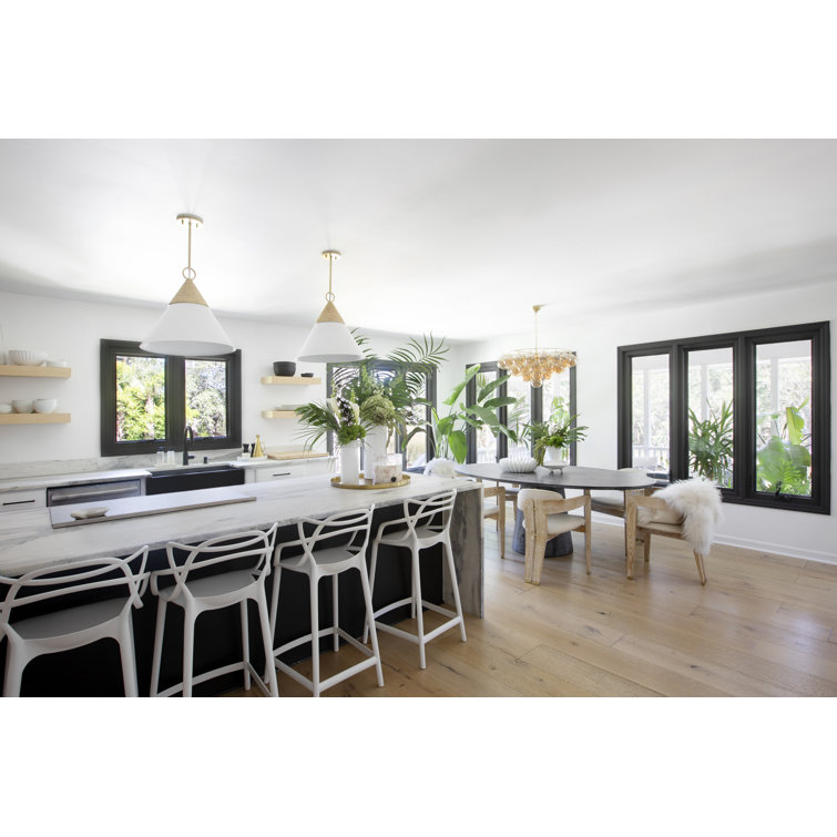 Aged Brass and White Cone Pendant Light with Rattan Accent