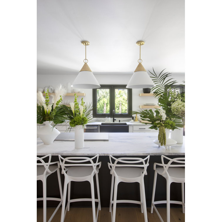 Aged Brass and White Cone Pendant Light with Rattan Accent