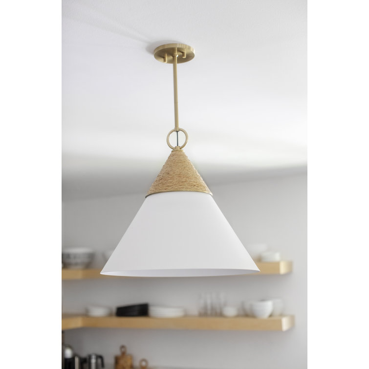 Aged Brass and White Cone Pendant Light with Rattan Accent