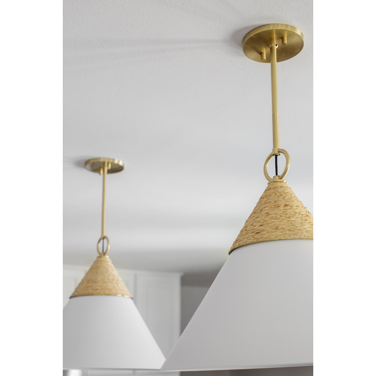 Aged Brass and White Cone Pendant Light with Rattan Accent