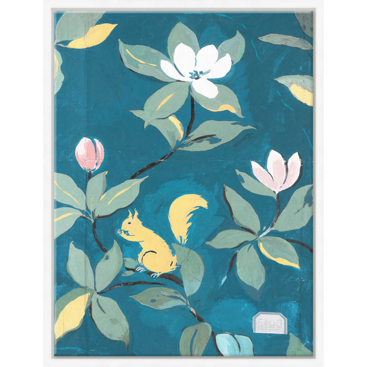 Yellow Squirrel and Floral Print in White Floater Frame