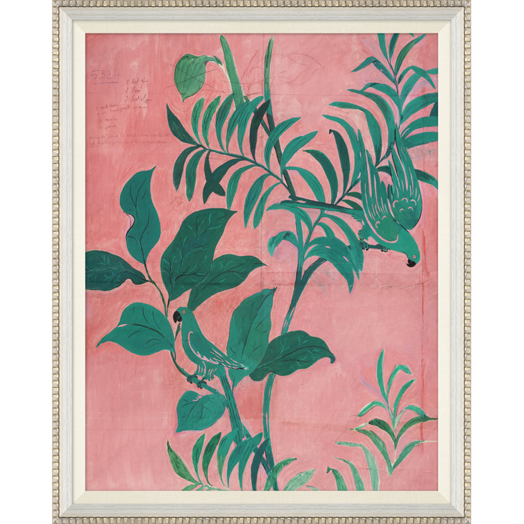 Pink and Green Bird Print in White Wood Frame