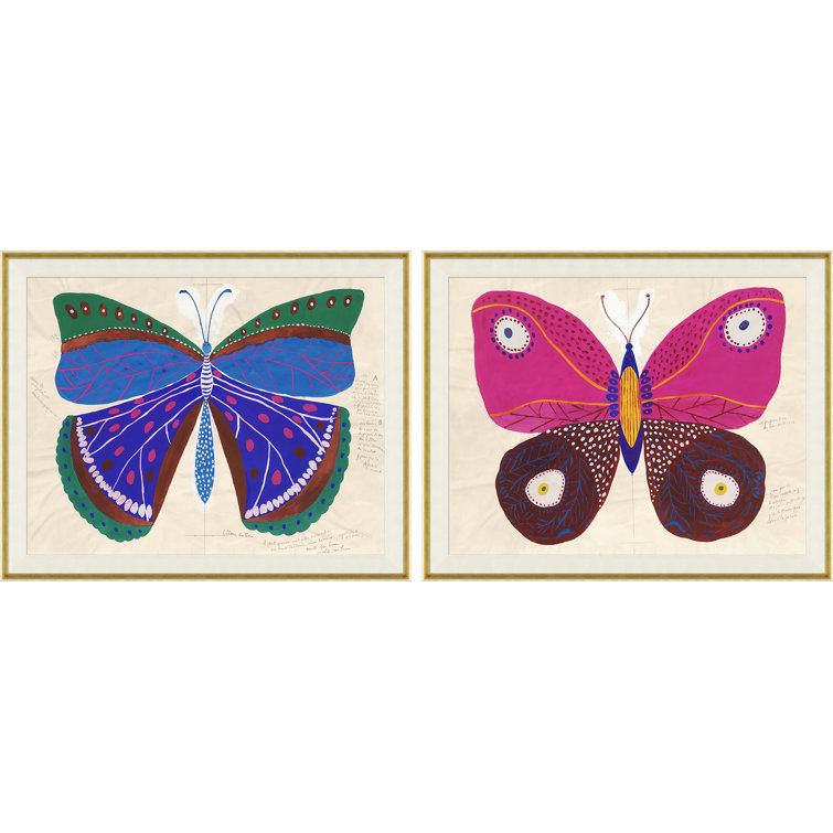 Blue and Pink Butterfly Print Set with Gold Frames