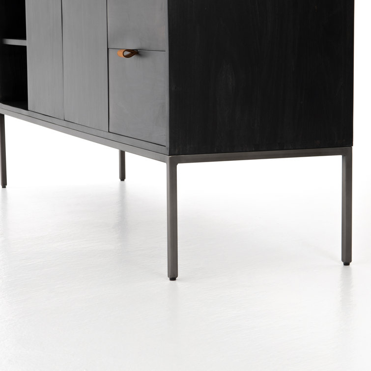 Contemporary Black Wash Poplar Media Console with Leather Pulls
