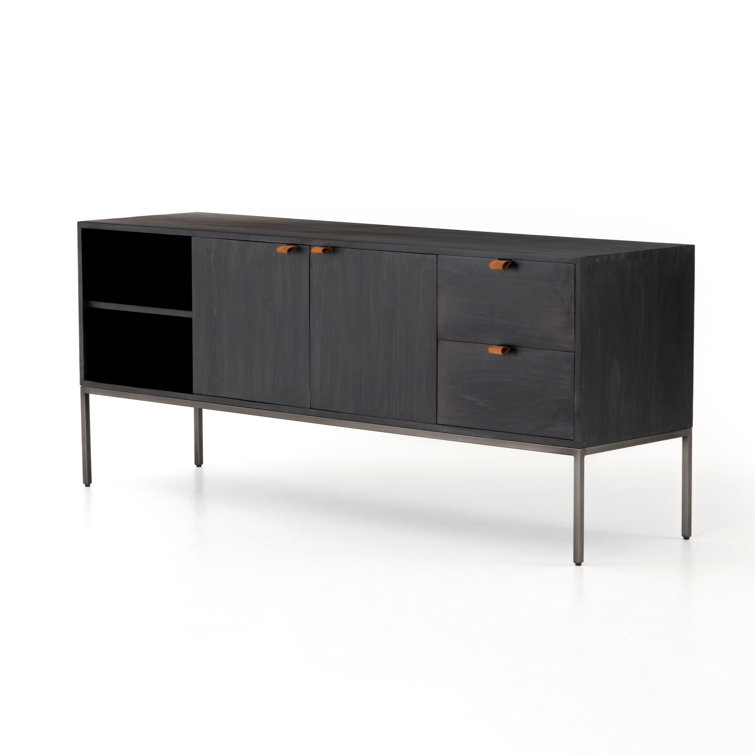 Contemporary Black Wash Poplar Media Console with Leather Pulls