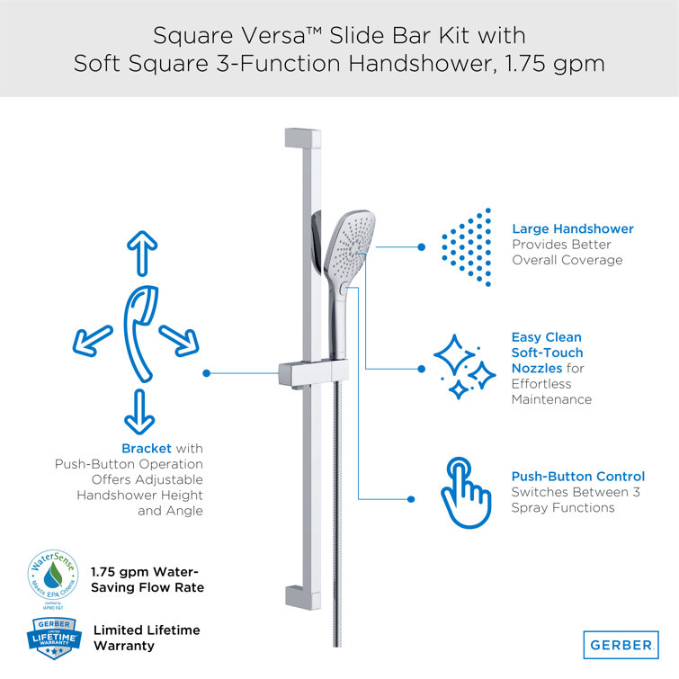 Chrome Adjustable Height Square Wall Mounted Shower Head