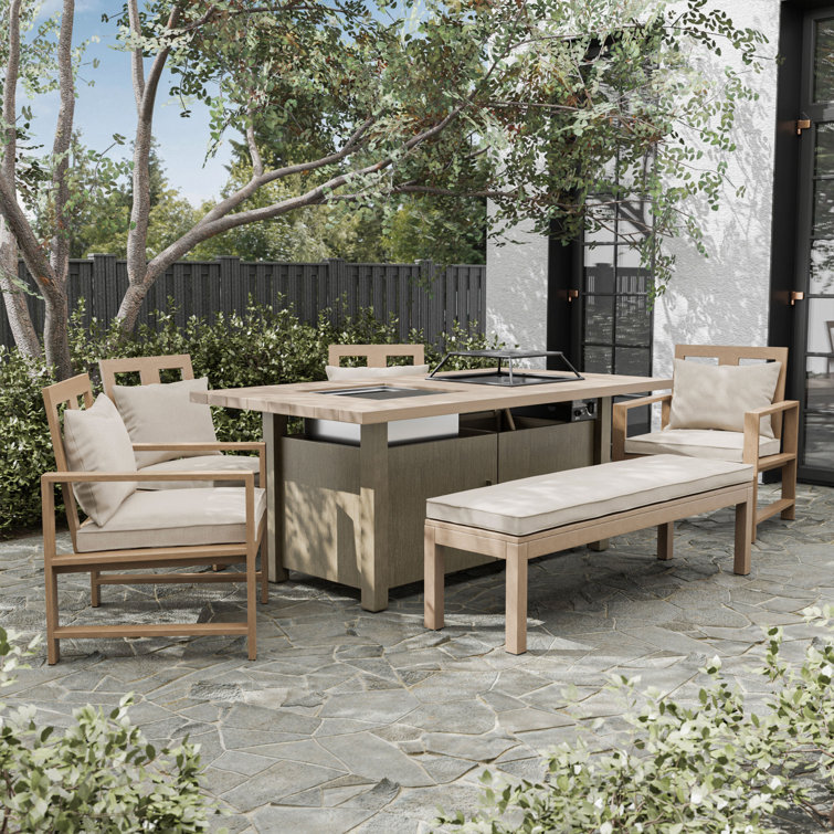 Beige Cushioned 6-Person Outdoor Patio Set with Fire Pit