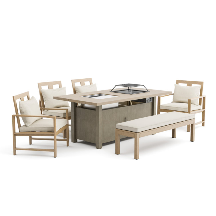 Beige Cushioned 6-Person Outdoor Patio Set with Fire Pit
