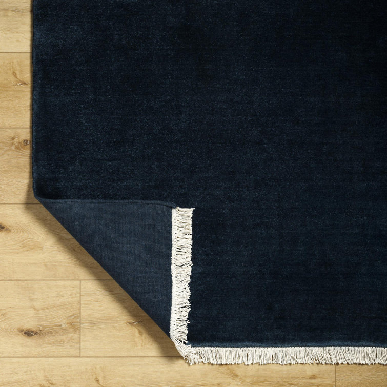 Hand Loomed Navy Wool Rug with Fringed Edges, 6' x 9'