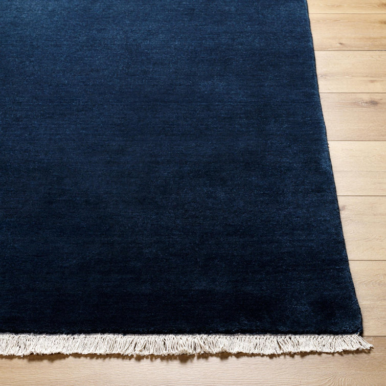 Hand Loomed Navy Wool Rug with Fringed Edges, 6' x 9'