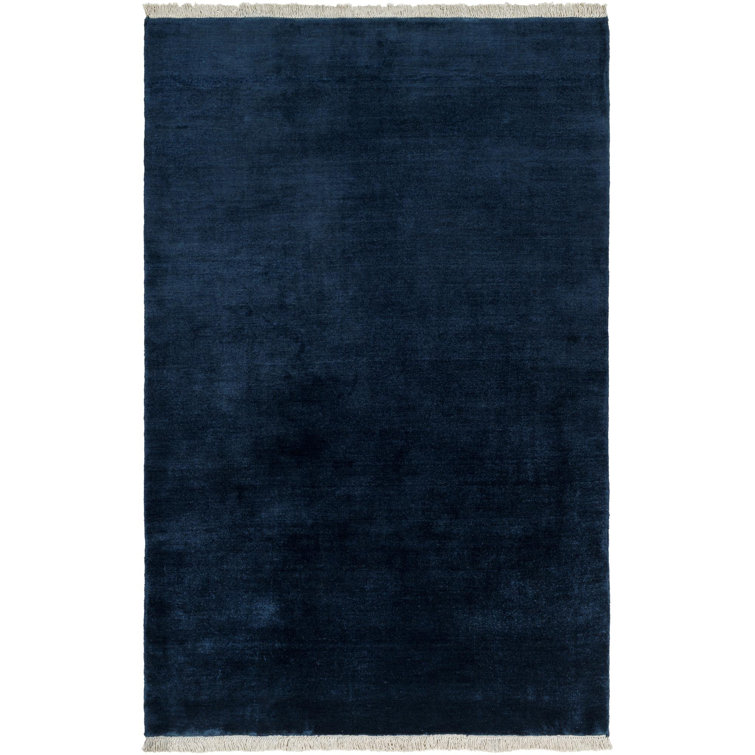Hand Loomed Navy Wool Rug with Fringed Edges, 6' x 9'