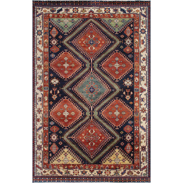 Hand-Knotted Ivory and Navy Wool Oriental Rug 7' x 10'