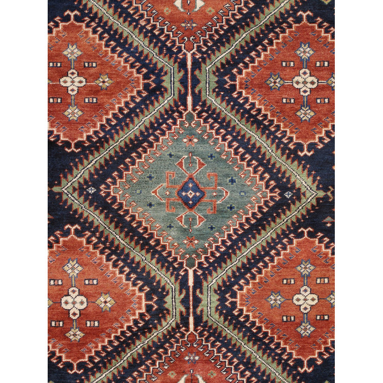Hand-Knotted Ivory and Navy Wool Oriental Rug 7' x 10'