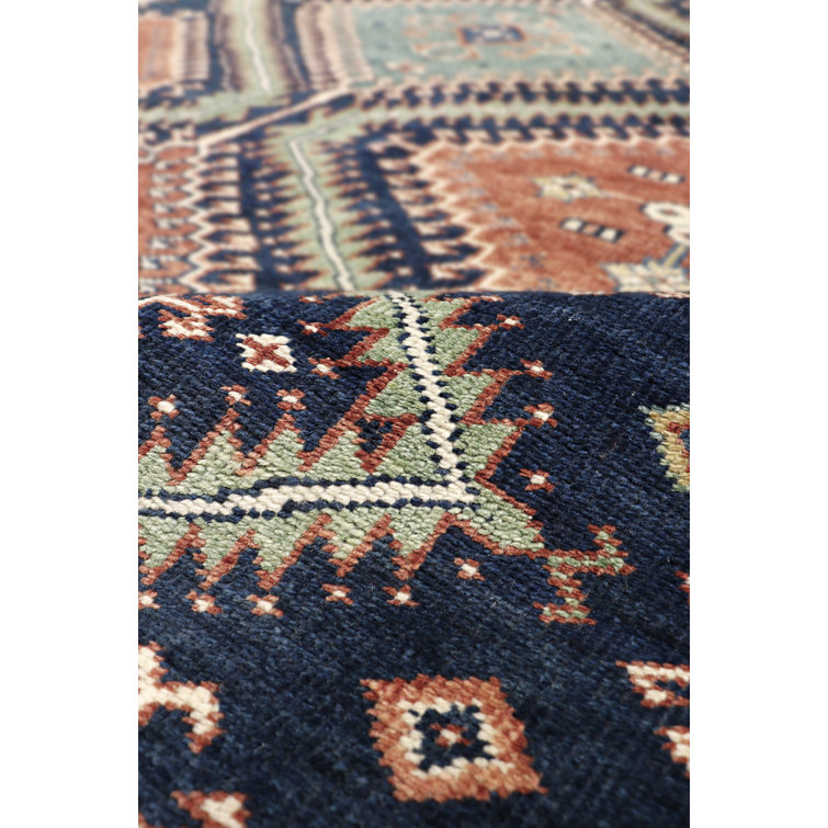Hand-Knotted Ivory and Navy Wool Oriental Rug 7' x 10'