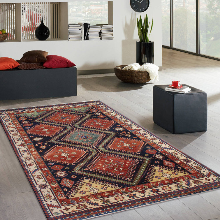 Hand-Knotted Ivory and Navy Wool Oriental Rug 7' x 10'