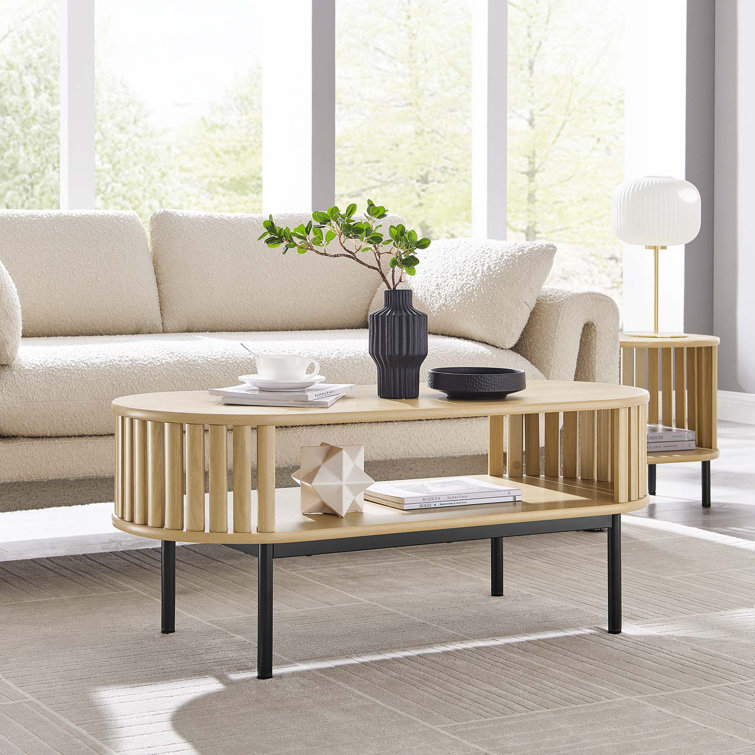 Oak Oval Wood Coffee Table with Black Metal Legs