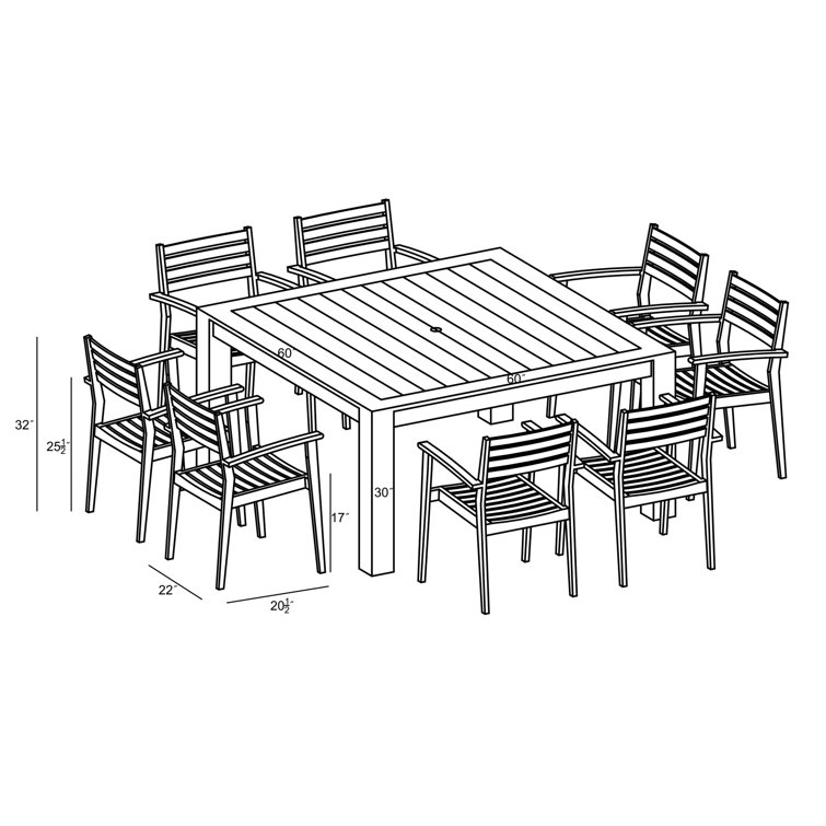 Natural Teak Square 8-Person Outdoor Dining Set with Henna Cushions
