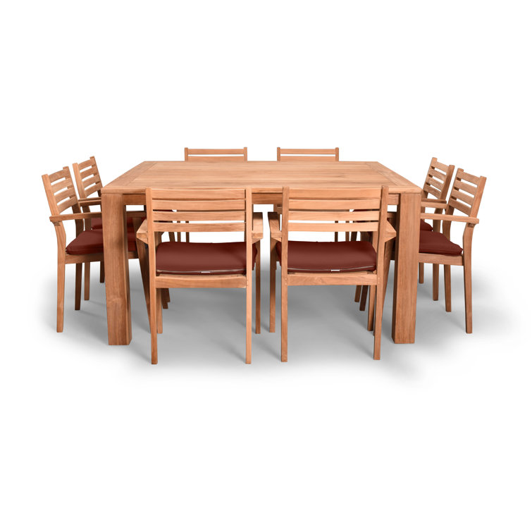 Natural Teak Square 8-Person Outdoor Dining Set with Henna Cushions