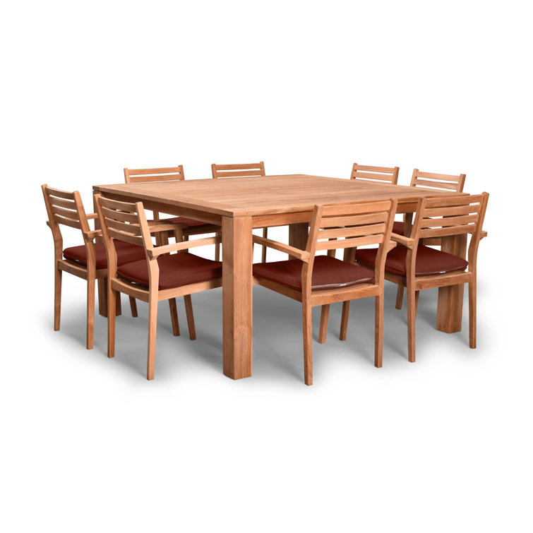 Natural Teak Square 8-Person Outdoor Dining Set with Henna Cushions