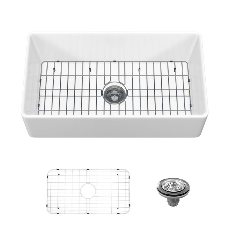 Sinber 30" White Fireclay Farmhouse Apron Kitchen Sink with Drainboard