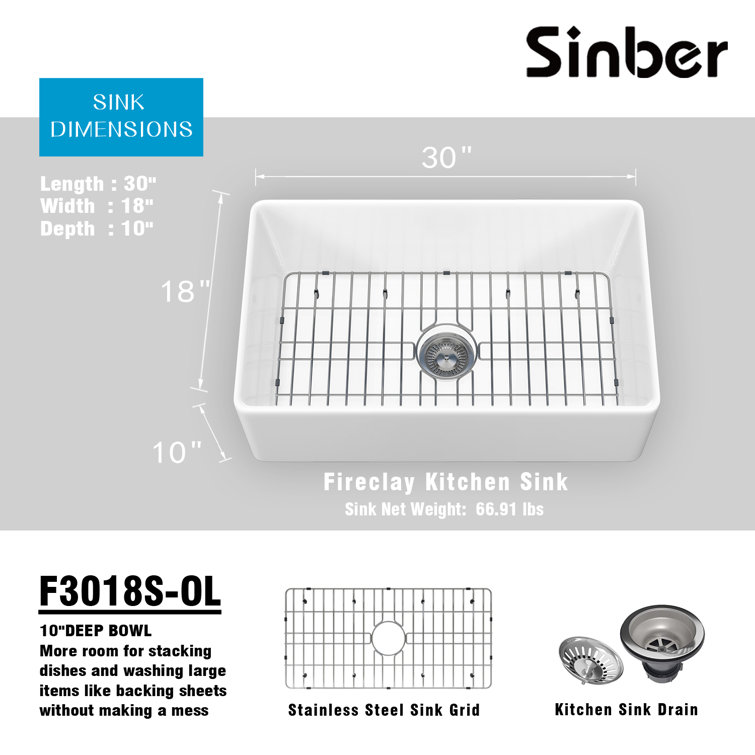 Sinber 30" White Fireclay Farmhouse Apron Kitchen Sink with Drainboard