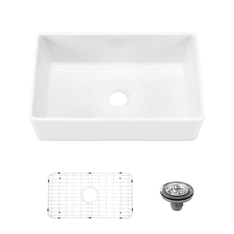 Sinber 30" White Fireclay Farmhouse Apron Kitchen Sink with Drainboard