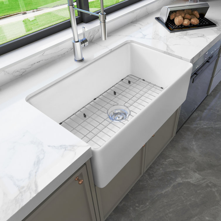 Sinber 30" White Fireclay Farmhouse Apron Kitchen Sink with Drainboard
