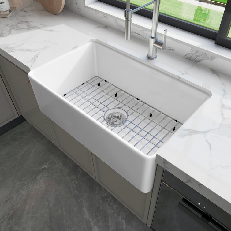 Sinber 30" White Fireclay Farmhouse Apron Kitchen Sink with Drainboard