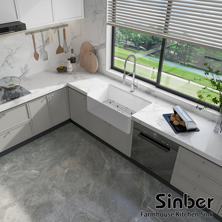 Sinber 30" White Fireclay Farmhouse Apron Kitchen Sink with Drainboard