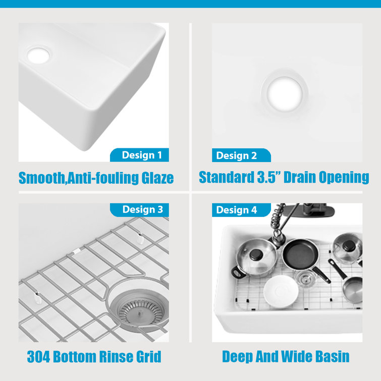 Sinber 36" White Fireclay Farmhouse Apron Single Bowl Kitchen Sink with Drainboard