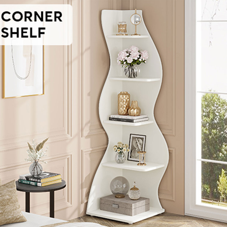 White 5-Tier Modern Corner Bookcase with Adjustable Shelves