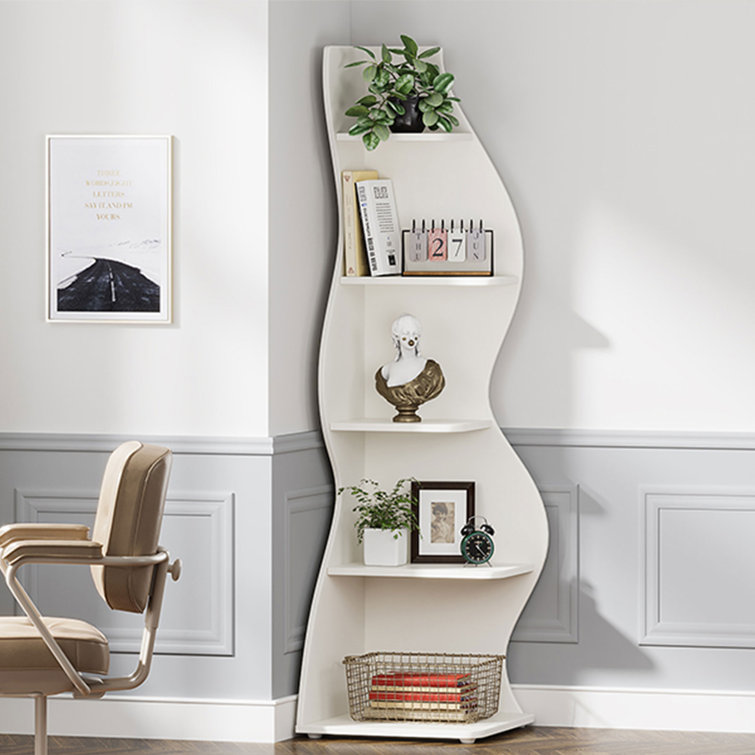 White 5-Tier Modern Corner Bookcase with Adjustable Shelves