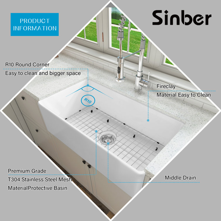 Sinber 33" White Fireclay Farmhouse Apron Kitchen Sink