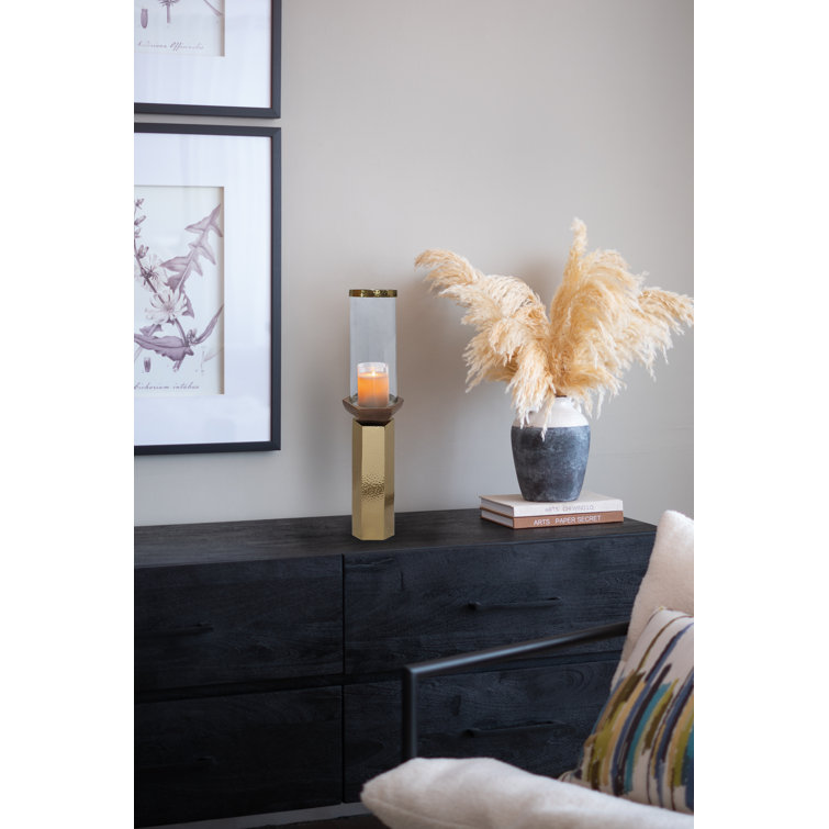 Ares Gold Hammered Aluminum & Mango Wood Hurricane Candle Holder - 21"