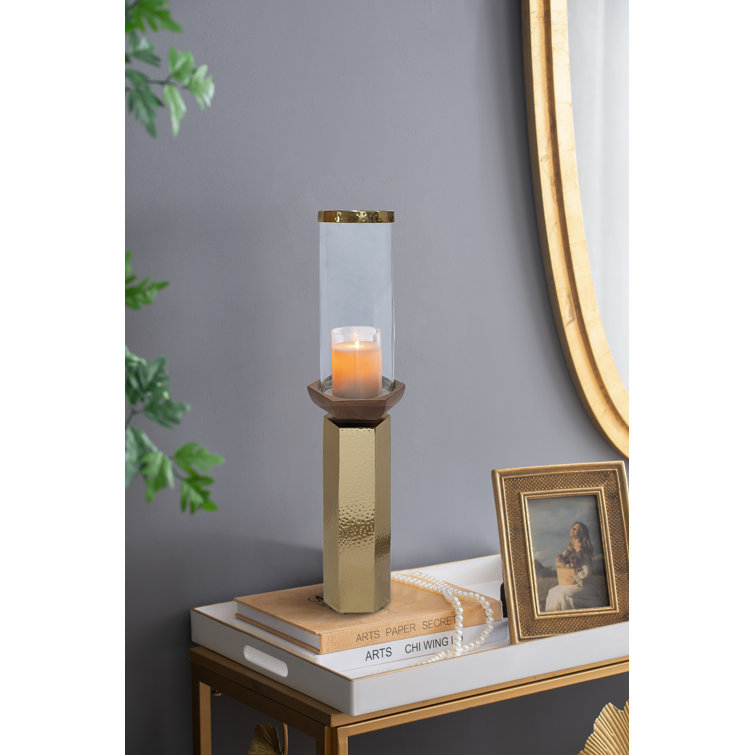 Ares Gold Hammered Aluminum & Mango Wood Hurricane Candle Holder - 21"