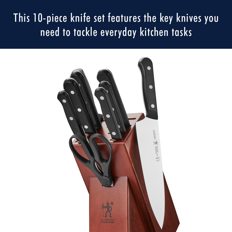 HENCKELS Solution 10-Piece Knife Set with Block, Chef Knife, Paring Knife, Utility Knife, Bread Knife, Black, Stainless Steel