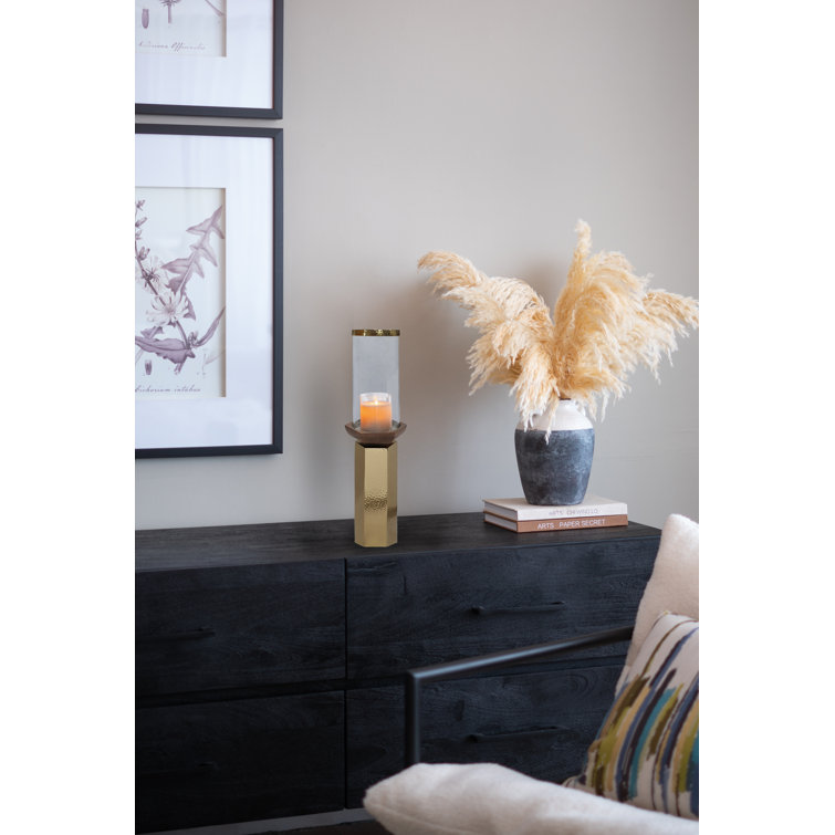 18" Gold and Clear Glass Mango Wood Hurricane Candle Holder