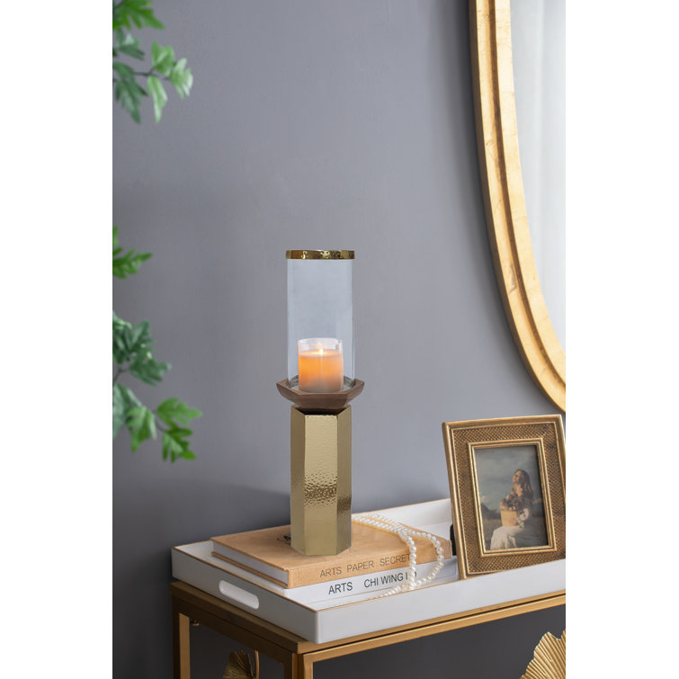 18" Gold and Clear Glass Mango Wood Hurricane Candle Holder