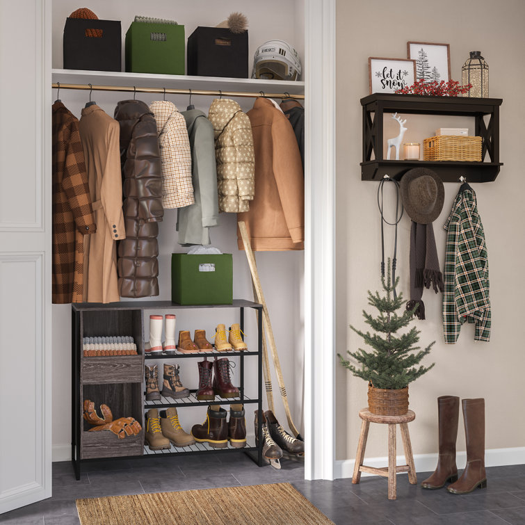 Black Wood Wall Shelf with Hooks and Open Shelves