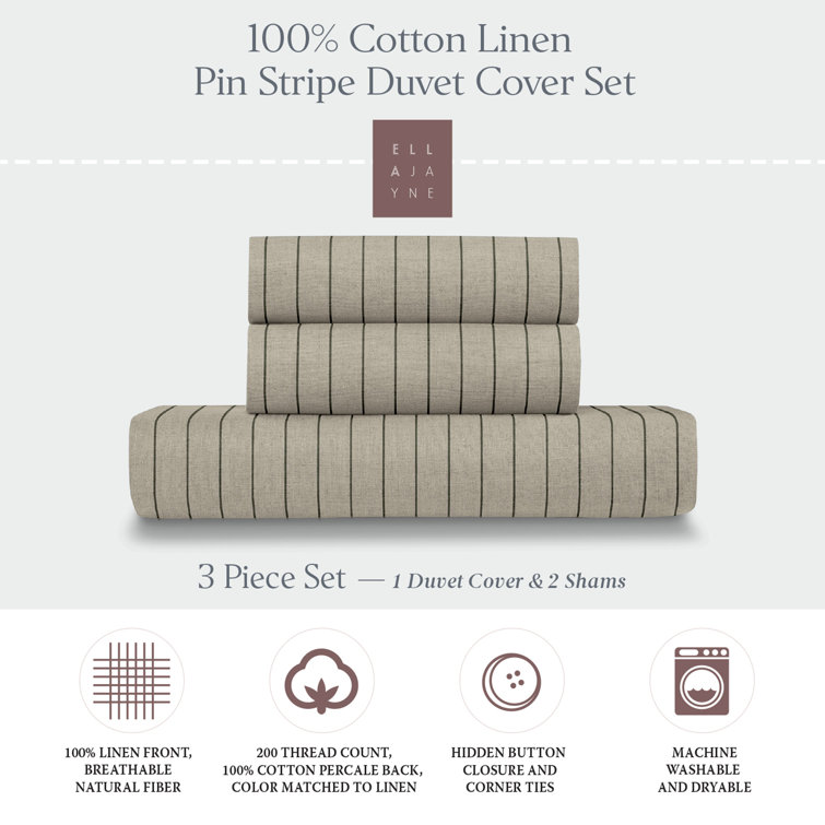 Natural Black Pinstripe Cotton Linen Full/Queen Duvet Cover Set
