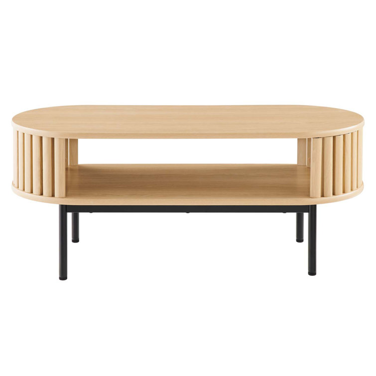 Oak Oval Wood Coffee Table with Black Metal Legs