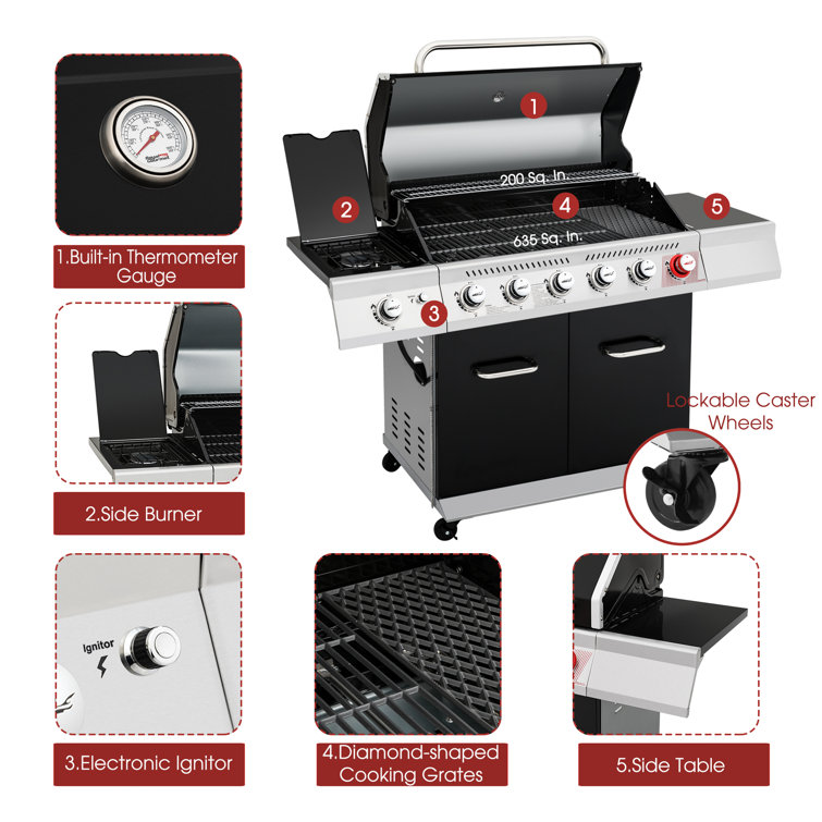 Royal Gourmet Black 6-Burner Propane Gas Grill with Side Burner