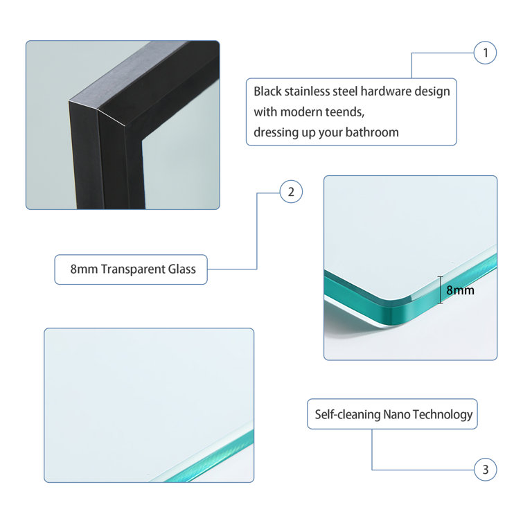 34'' Matte Black Frameless Fixed Shower Door with Clear Glass