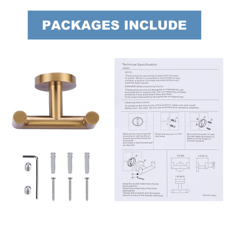 Brushed Gold Stainless Steel Double J-Hook Wall Mount